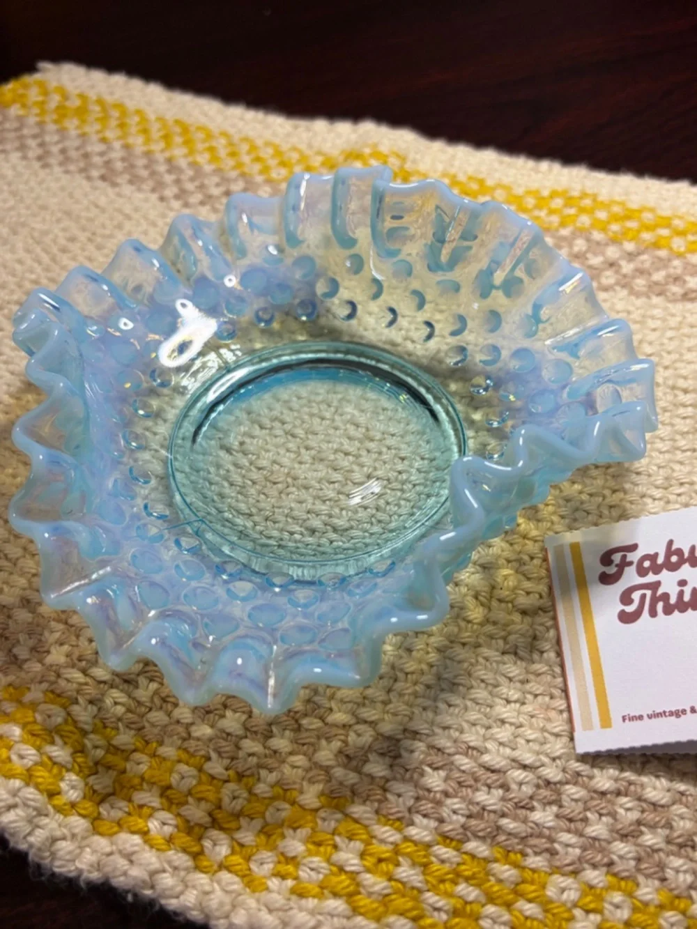 Vintage MCM (1940-69) Fenton Art Opalescent Aquamarine Hobnail Ruffled Dish